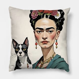 Frida and Her Furry Friend: Cartoon Illustration Pillow