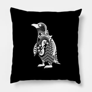 happy funny penguin in ecopop tribal pattern wallpaper art Pillow