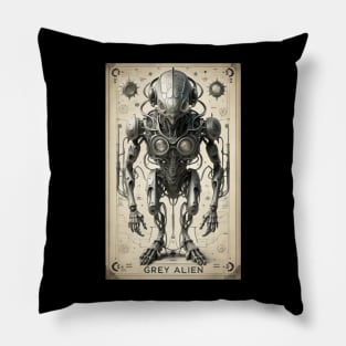 Mechanical steampunk grey alien Pillow