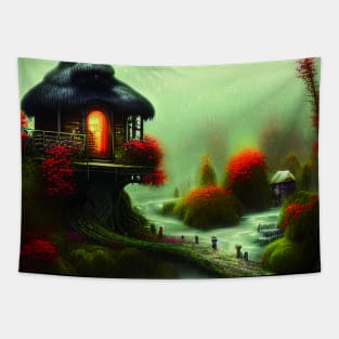 Sparkling Fantasy Cottage with Lights and Glitter Background in Forest, Scenery Nature Tapestry