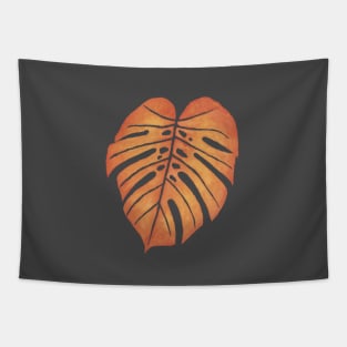 ORANGE MONSTERA LEAF – Watercolor Tropical Frond In Red & Yellow Against Slate Tapestry