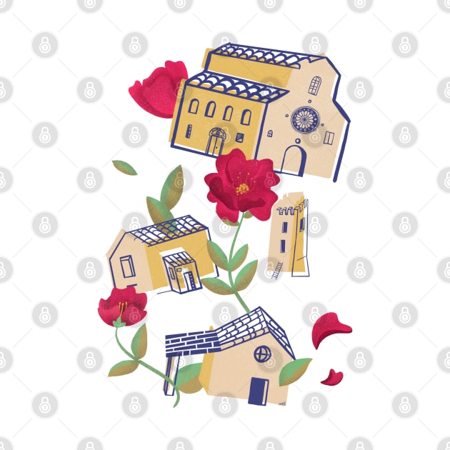 Abstract illustration of an Italian village and flowers by Sgrel-art