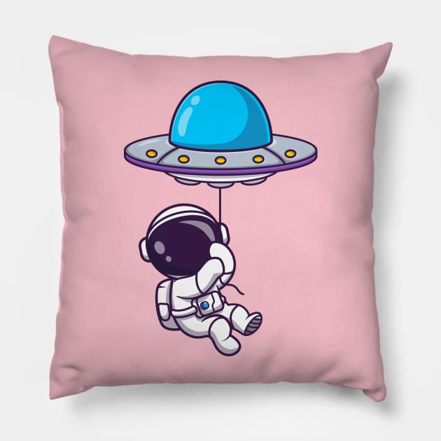 Cute Astronaut Floating With UFO Balloon Cartoon Pillow by Catalyst Labs