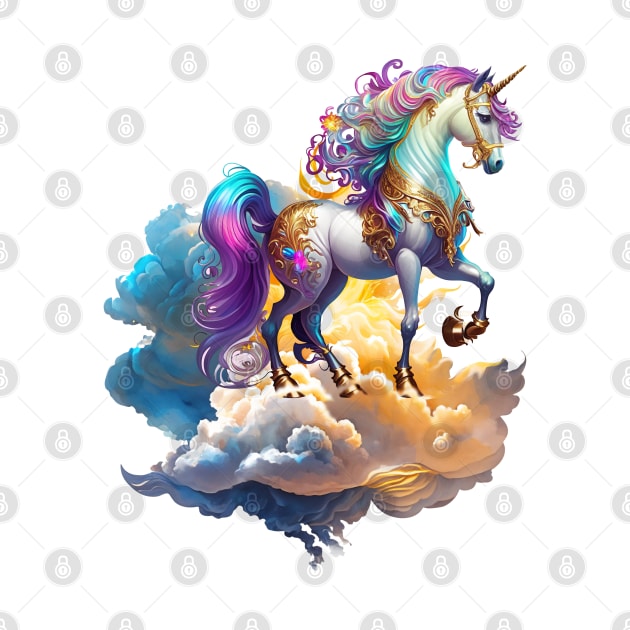 Mythical Unicorn sunny horse clouds splash watercolor fantasy magic tale romance illustration by sofiartmedia