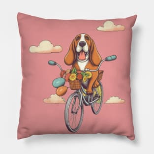 Cute cartoon dog basset hound bicycling Pillow