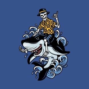 Shaka Sign Skelton Riding Shark T-Shirt