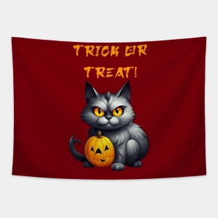 Trick or treat cute evil demon cat with pumpkin Halloween design Tapestry