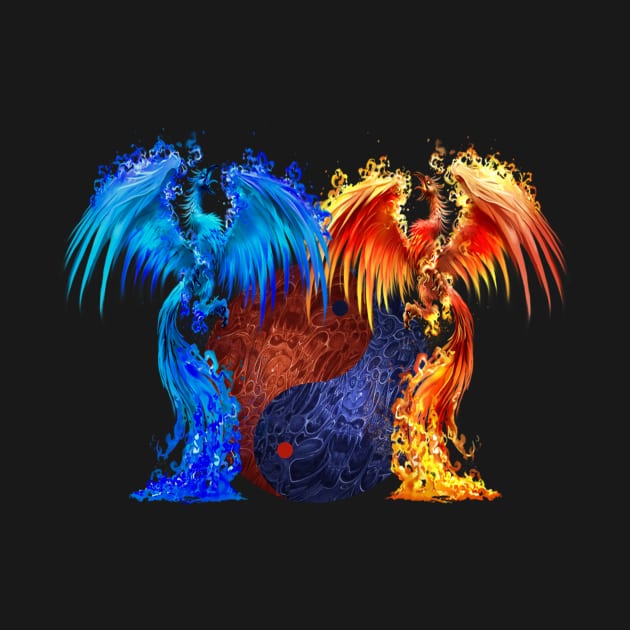 Fantasy Fire And Ice Phoenix Red Blue Yin Yang by Atteestude