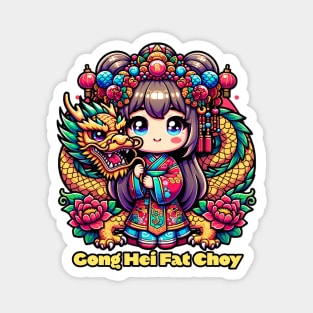 Chinese New Year Girl, Dragon, Flowers Magnet