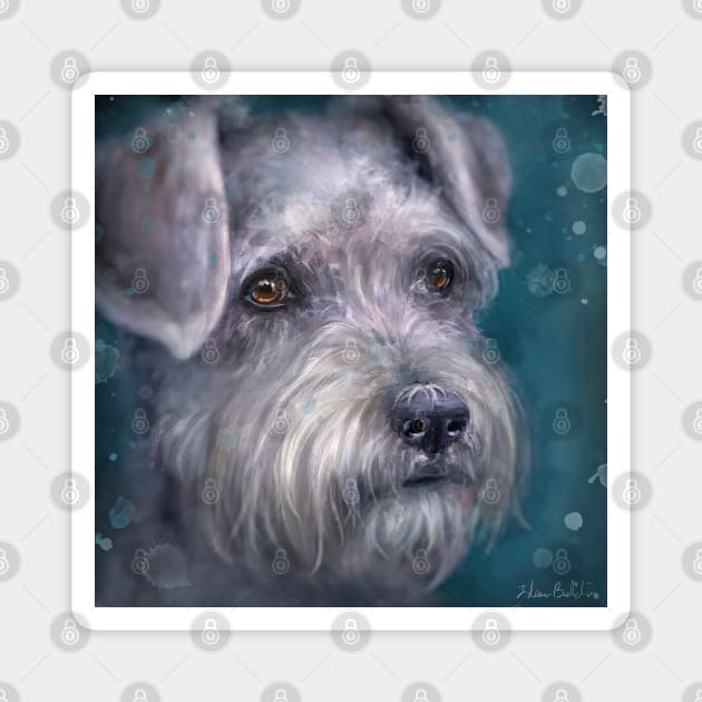 Painting of a White Schnauzer on Blue Background Magnet by ibadishi