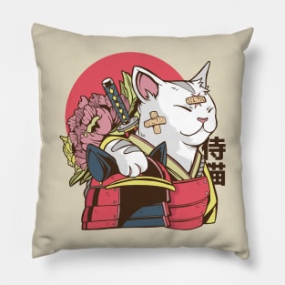 a samurai cat with bandages in its face Pillow