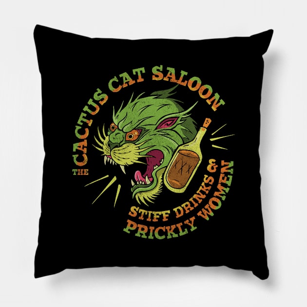 Cactus Cat Saloon - Stiff Drinks & Prickly Women Pillow by JonathanDodd_Draws