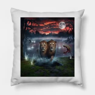 AI generated lost lion with two heads Pillow