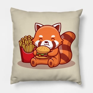 Cute Red Panda Eating Burger With Fries Pillow