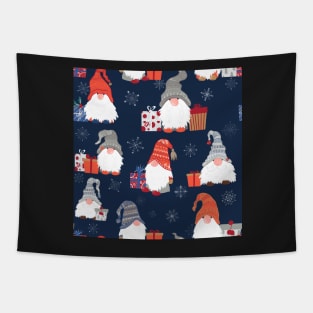 Christmas Gnomes with Snowflakes and Presents on Midnight Blue Tapestry