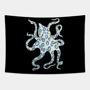 Blue Ring Octopus White Art Tapestry