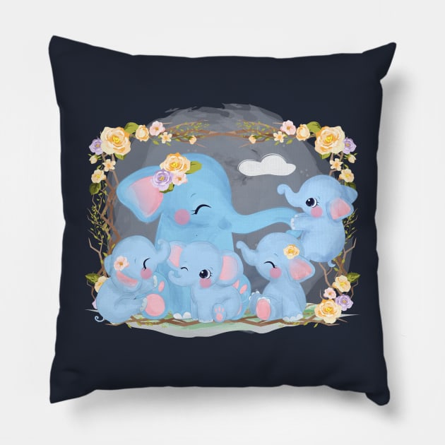 elephant family cartoon Pillow by Mako Design 