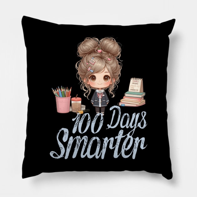 100 Days Smarter Girls Messy Bun Hair 100th Day Of School Pillow by click2print