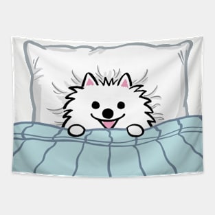 Cute White Pomeranian Tucked in Bed Tapestry