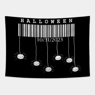 Halloween, white barcode with spiders on black background Tapestry