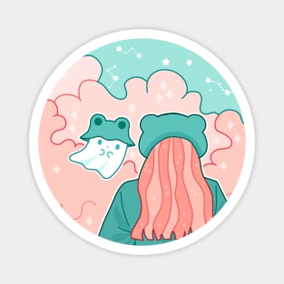 A ghost and a girl with froggy hats look at each other under the moonlight Magnet