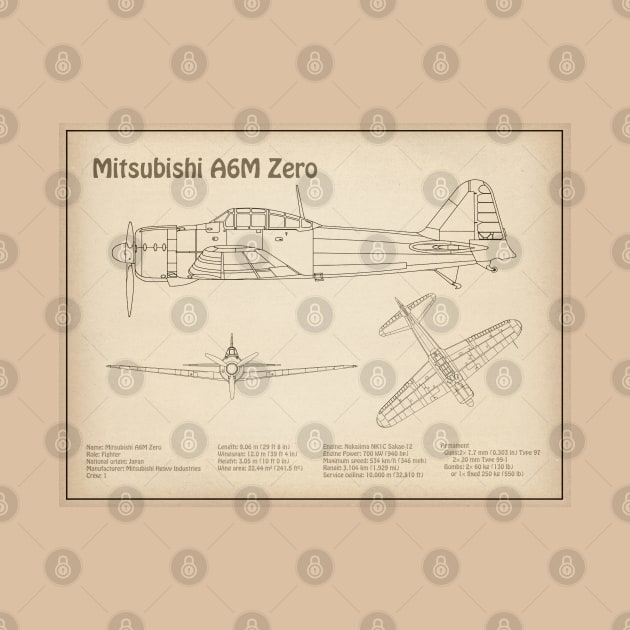 Mitsubishi A6M Zero Airplane Blueprint - SD by SPJE Illustration Photography