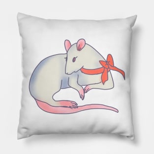 White Rat Red Ribbon Pillow