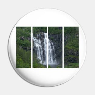 Wonderful landscapes in Norway. Hordaland. Beautiful scenery of Skjervsfossen waterfall from the Storelvi river on the Hardanger scenic route. Mountains, trees in background. Rainy day Pin