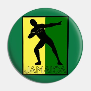 Jamaica sprinter pose with the Jamaican flag colours of black green and gold with the word Jamaica Pin