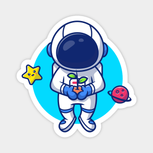 Astronaut Holding Plant In Space With Star And Planet Cartoon Magnet