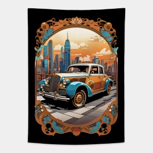 Classic Car City Sunset retro vintage floral design Tapestry