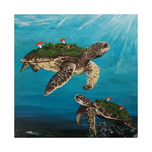 Turtles All the Way Down - Sea Turtles Mushrooms Ocean Life Animal Wall Art Handmade Home Decor Painting T-Shirt