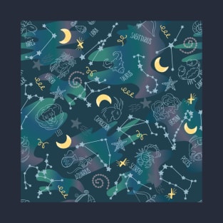 Astrology Zodiac Signs Night Sky Seamless Pattern T-Shirt