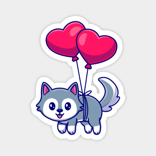 Cute Husky Dog Floating With Heart Balloons Magnet