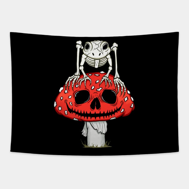 Cottagecore Skeleton Frog Skull Mushroom Goth Halloween Tapestry by August Design