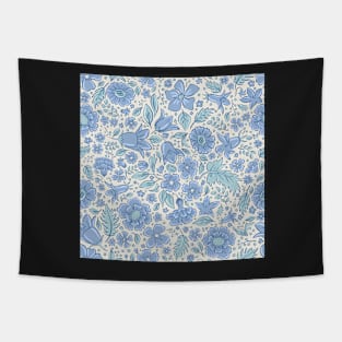 Scattered flowers and leaves in aqua tones | repeat pattern Tapestry