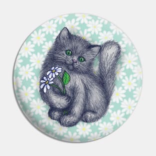 Cute Kitten with Daisies Pin