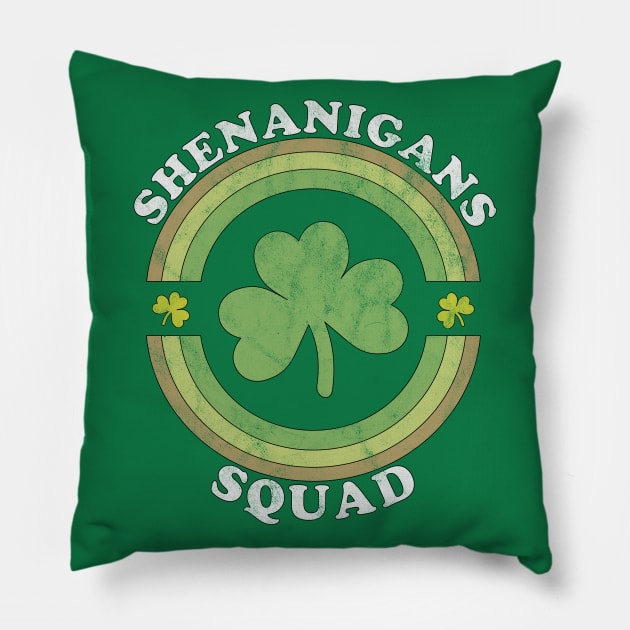 Shenanigans Squad Funny St. Patricks Day Retro Vintage Distressed Pillow by OrangeMonkeyArt