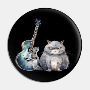 Funny Guitar Grumpy Cat Retro Cute Watercolor Pin