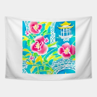 Flowers and pagodas on turquoise Tapestry