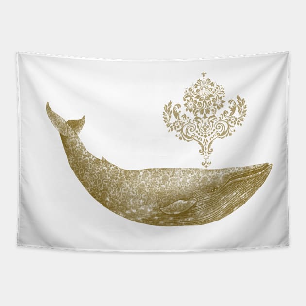 The Damask Whale gold square Tapestry by Terry Fan