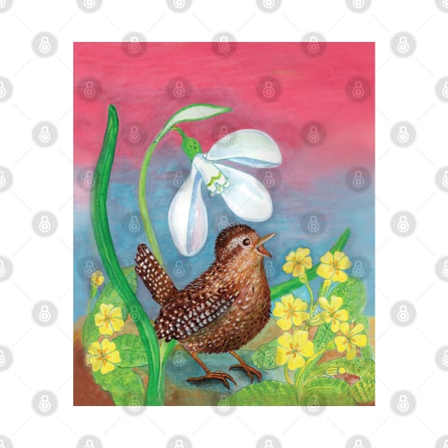 Wren Bird (Troglodytes troglodytes) and a Snowdrop Illustration by Julia Doria Illustration