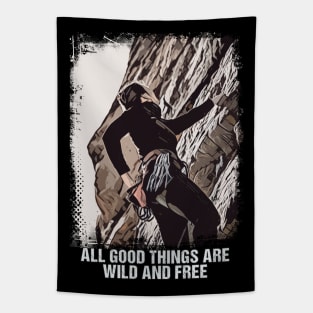 Rock Climber Motto Vintage Grunge Mountain Summit Art Style Tapestry