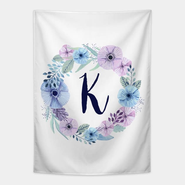 Floral Monogram K Icy Winter Blossoms Tapestry by floralmonogram