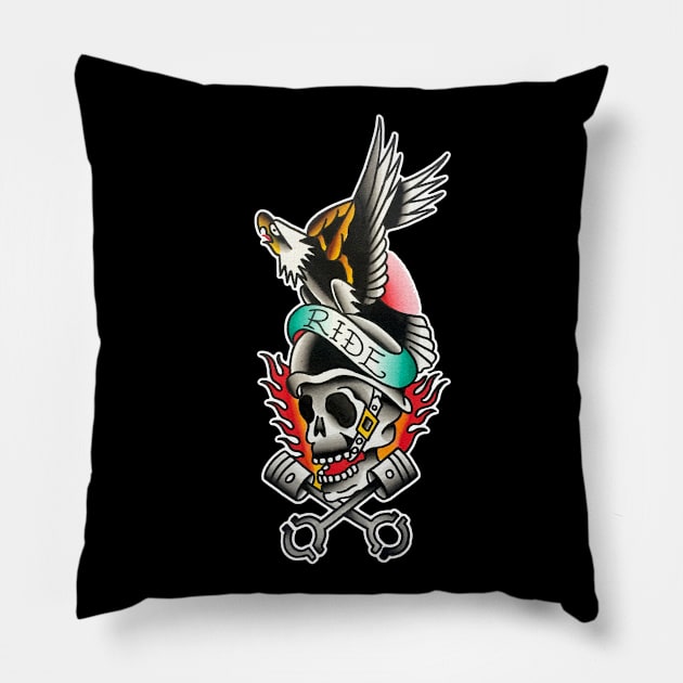 Ride with Eagle and Skull Tattoo Design Pillow by forevertruetattoo