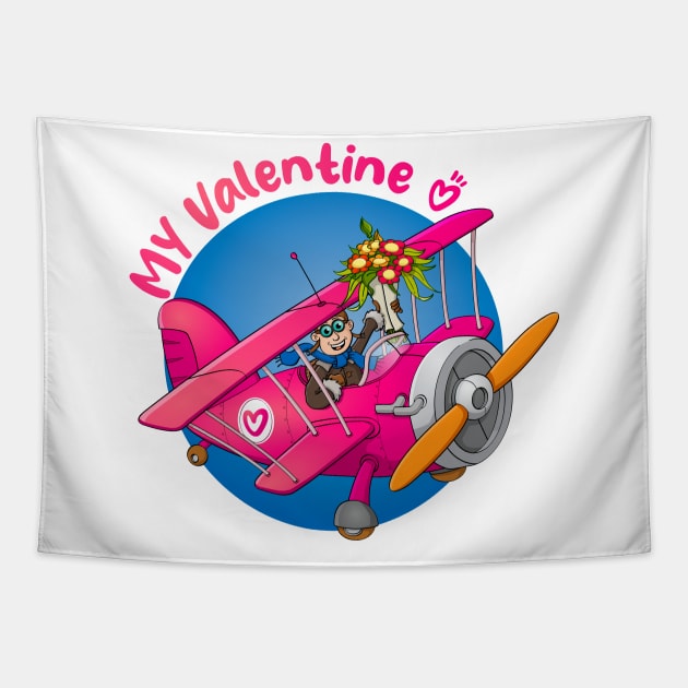“My valentine” drawing of a pilot in an airplane with flowers Tapestry by Stefs-Red-Shop