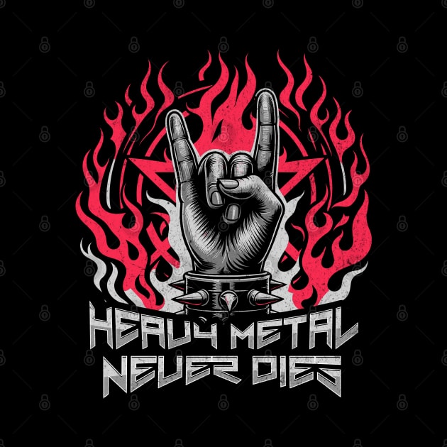 Heavy Metal Never Dies - Flaming Horns Hand Pentagram Rock N' Roll by Lunatic Bear