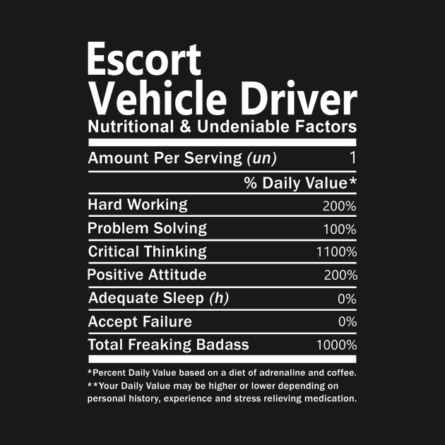 Escort Vehicle Driver T Shirt - Nutritional and Undeniable Factors Gift Item Tee by Ryalgi