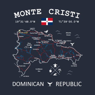 Monte Cristi Dominican Republic Flag Travel Map Coordinates GPS T-Shirt