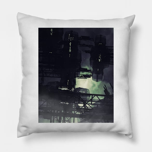 SPACE PORT Pillow by SLUGDRAWS